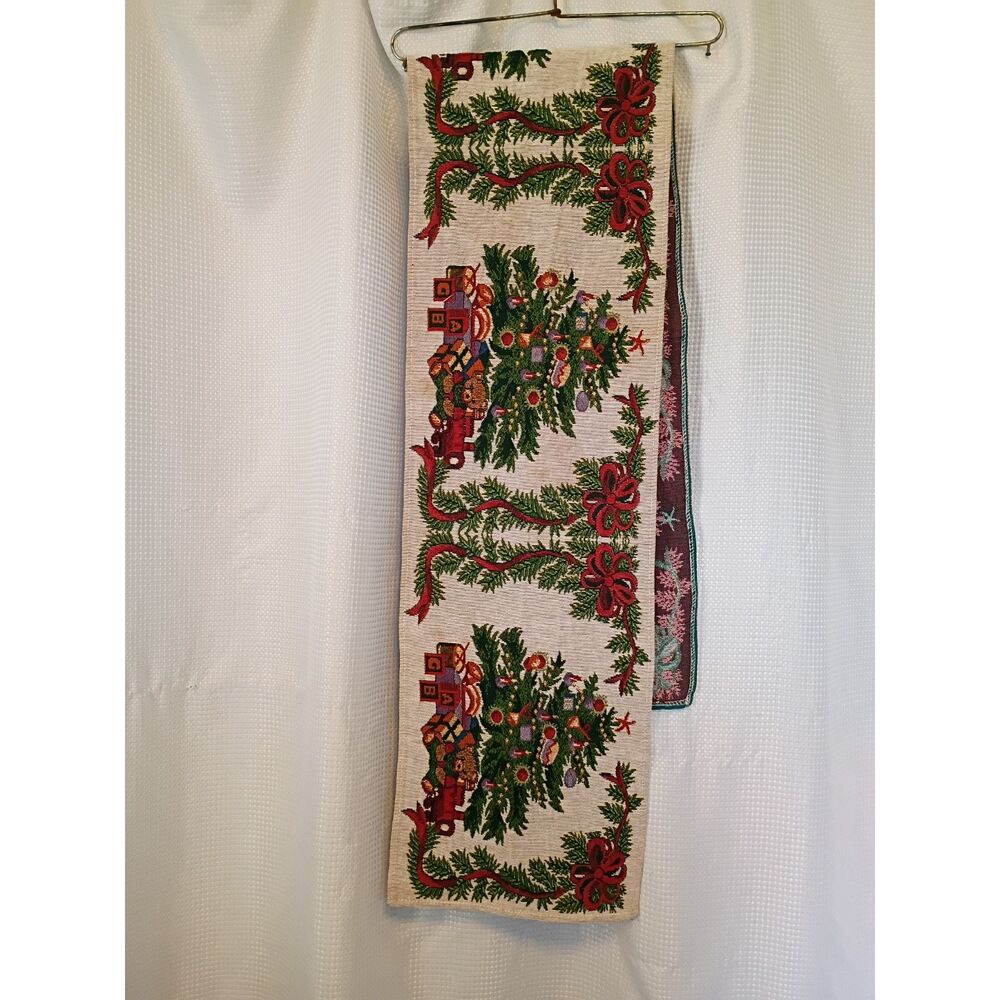 Vintage Christmas Tapestry Table Runner Extra Long 80"x12" Woven Tree Teddy Bear